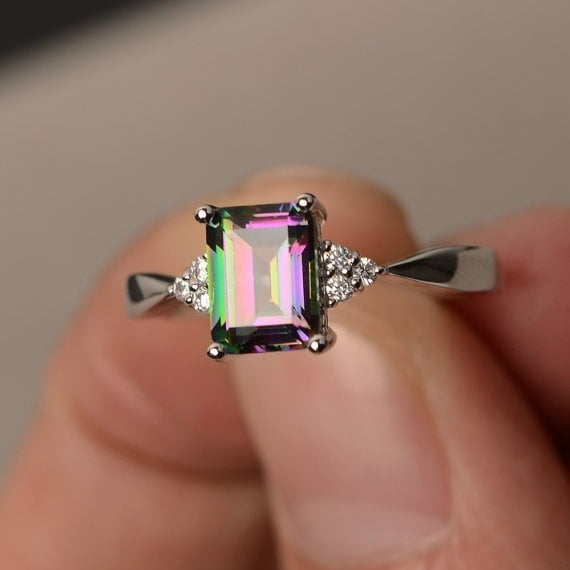 Retro Mystic Rainbow Topaz 925 Silver Ring Wedding Engagement Gemstone Diamond 